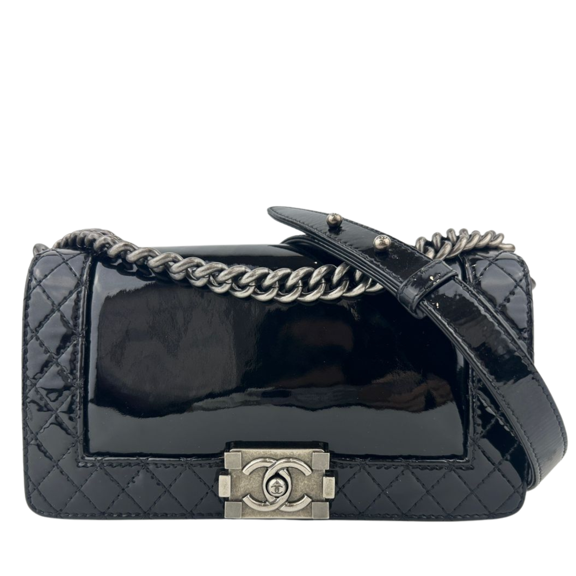 Old Medium Boy Reverso Black Patent Flap Bag RHW