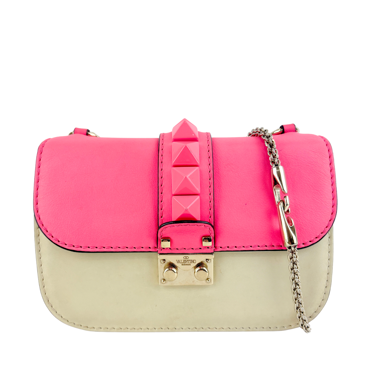 Bicolour Rockstud Glam Lock Chain Bag Neon Pink/White - Glampot