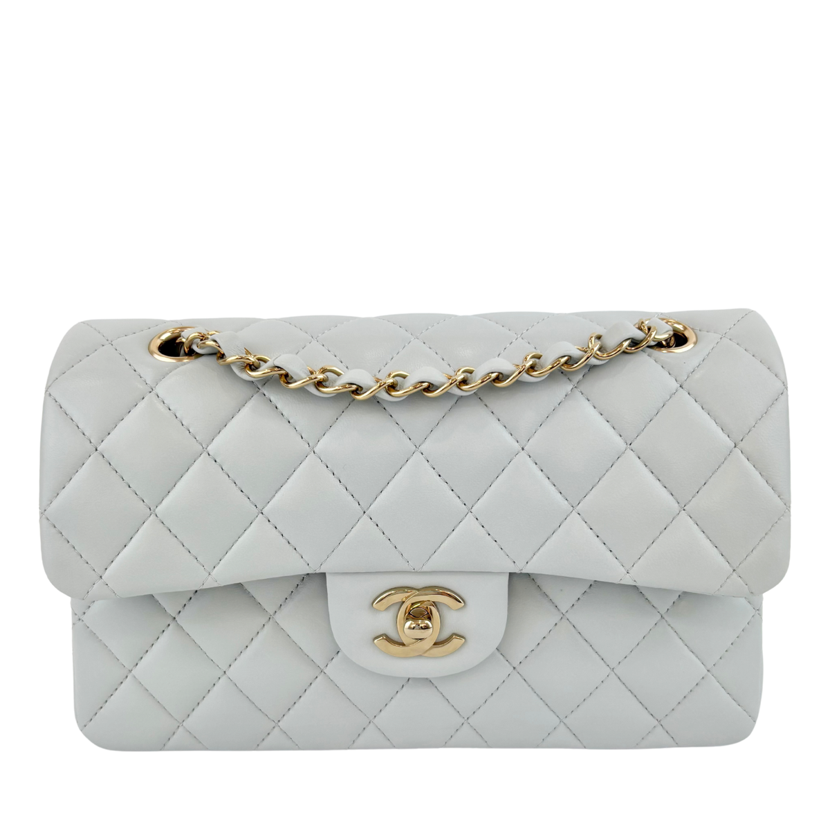 Medium Rectangular Flap Bag Light Blue Grey LGHW (Microchipped) - Glampot