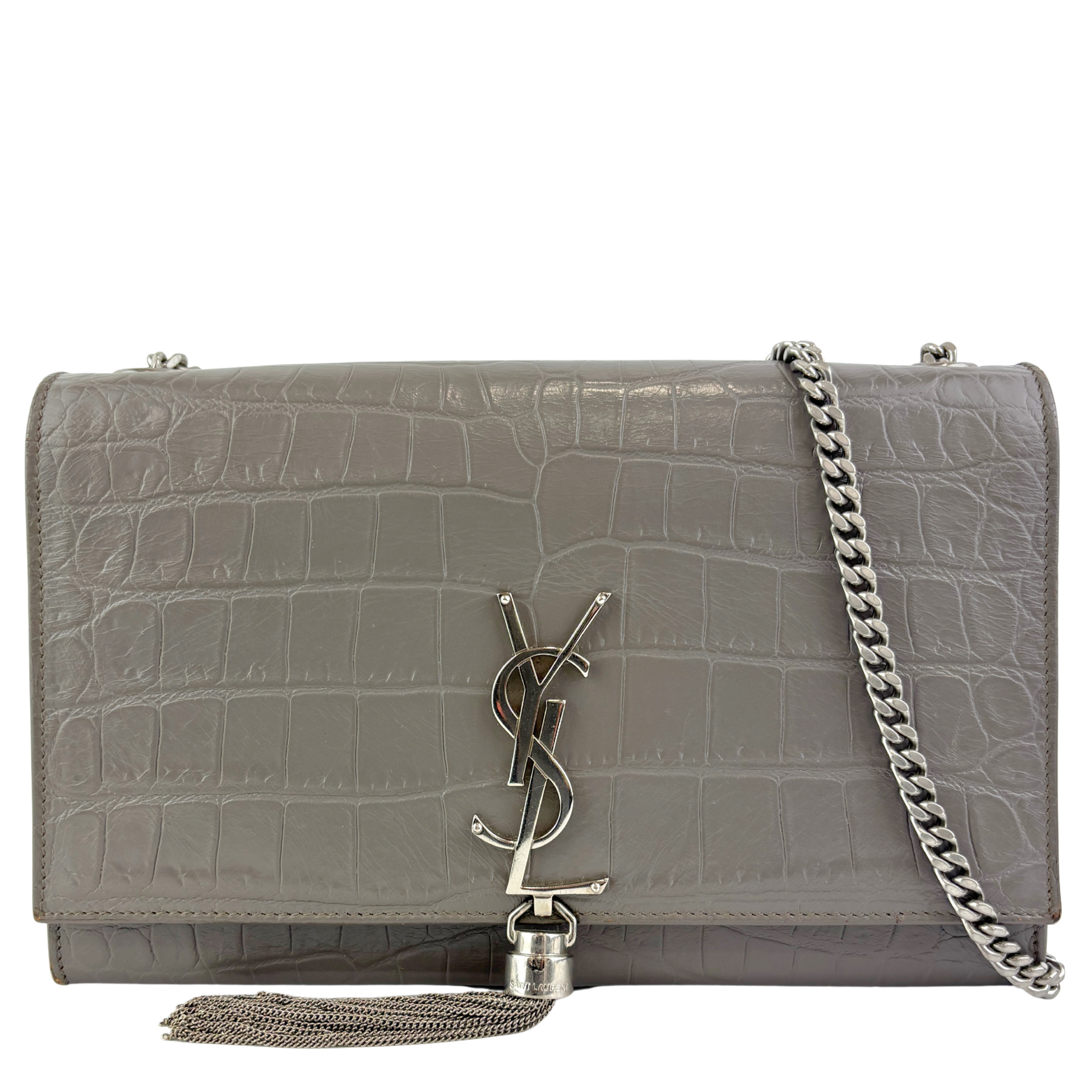 Medium Kate Tassel Grey Croc Embossed SHW
