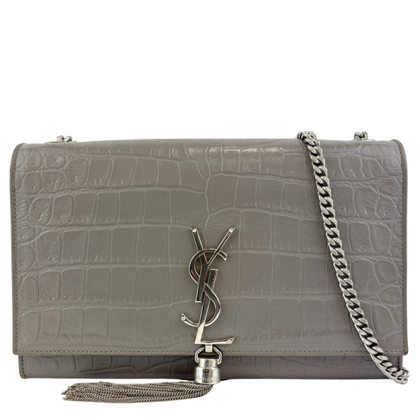 Medium Kate Tassel Grey Croc Embossed SHW