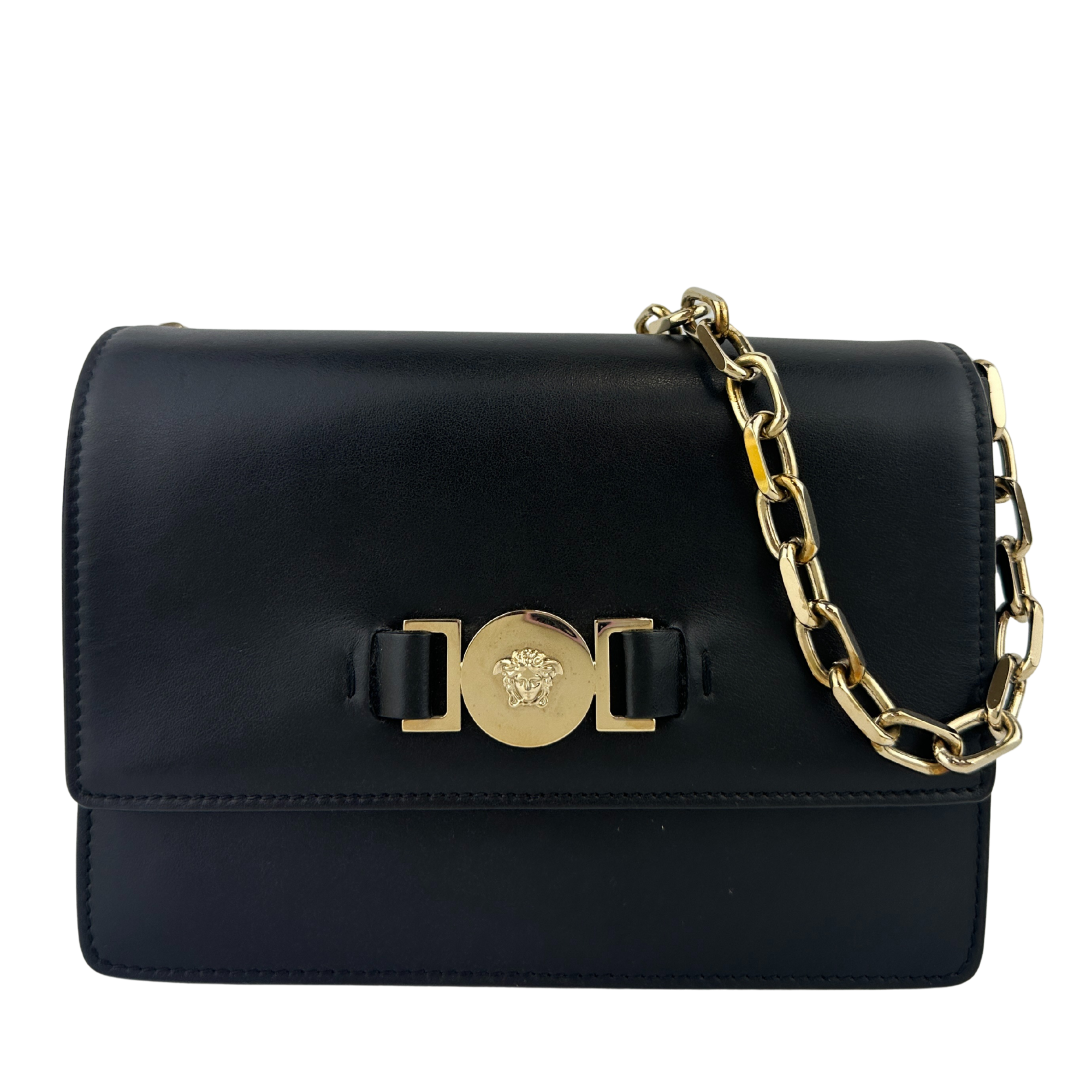 La Medusa Black Leather Chain Crossbody Bag