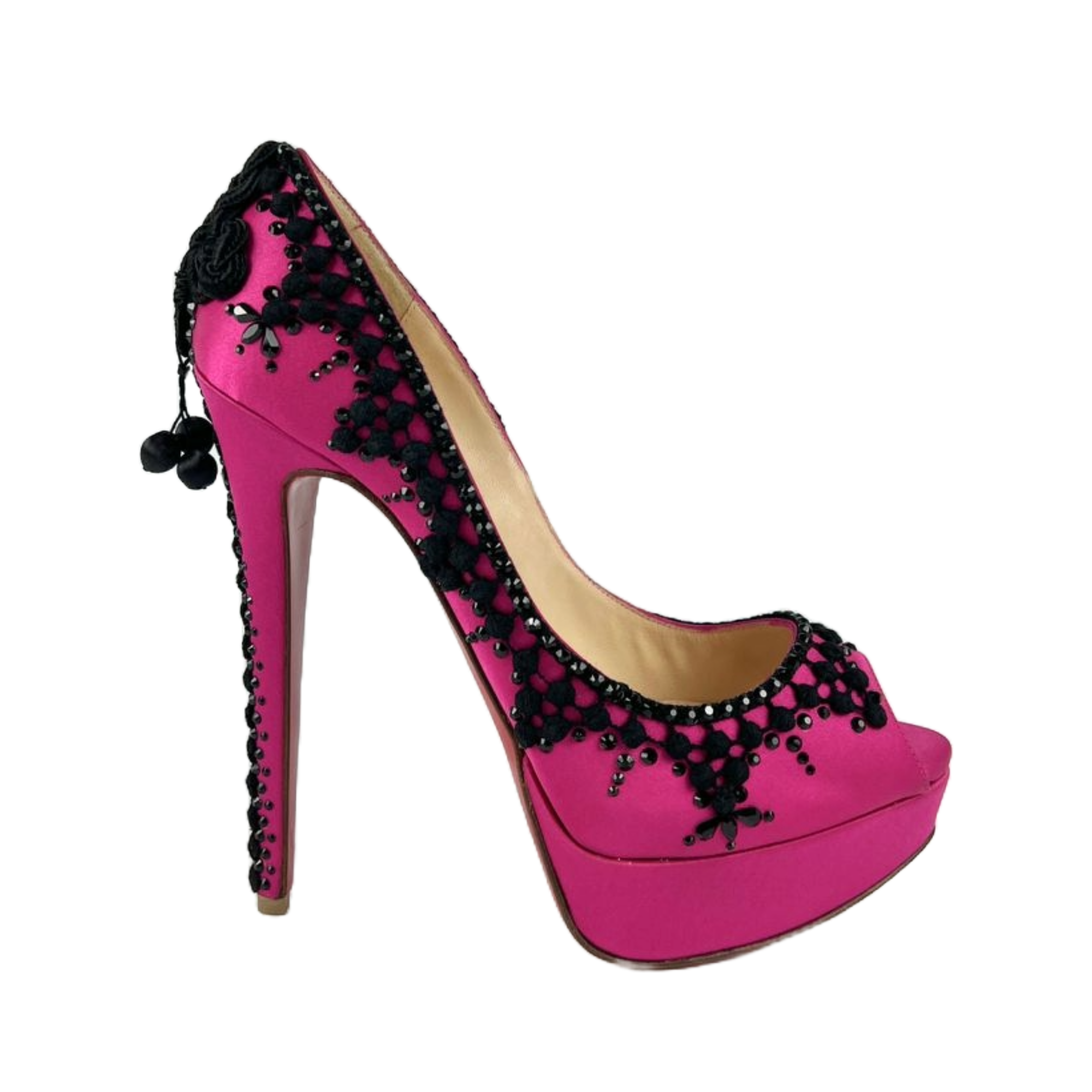 Pink Black Satin Torero Peep Toe Platform Pumps Size 38 Glampot