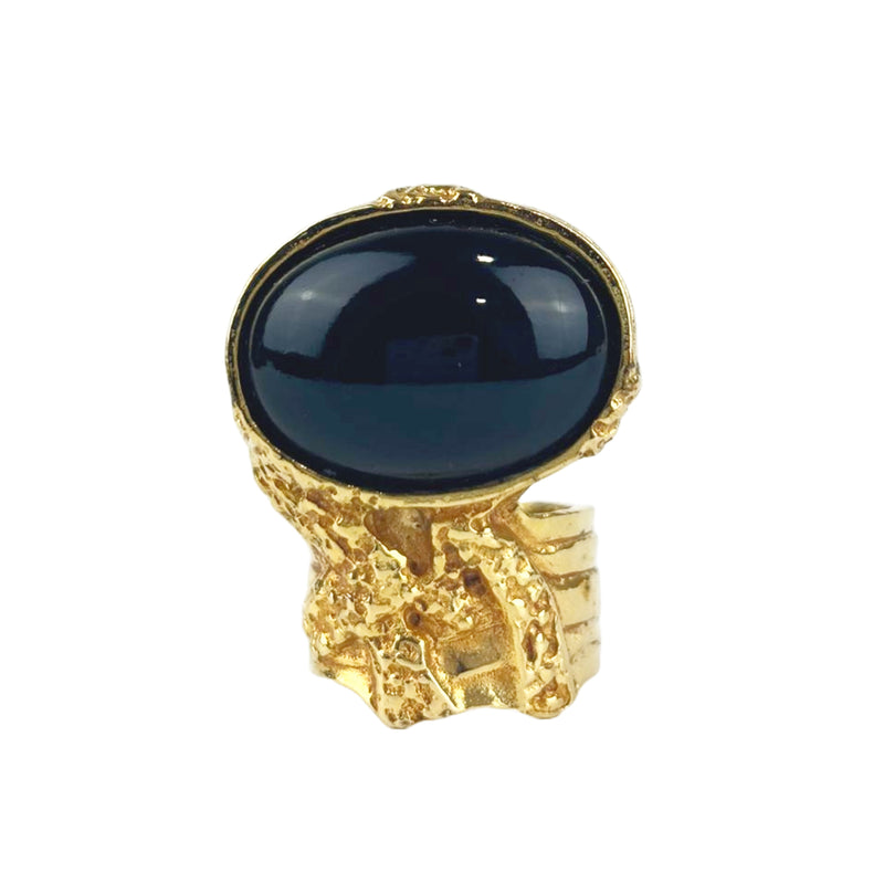 Arty Black Glass Cabochon Gold Tone Ring