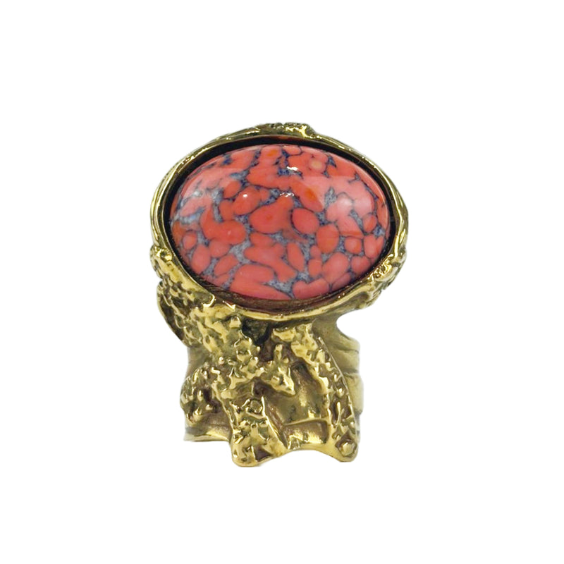 Arty Rive Coral Glass Cabochon Gold Tone Ring