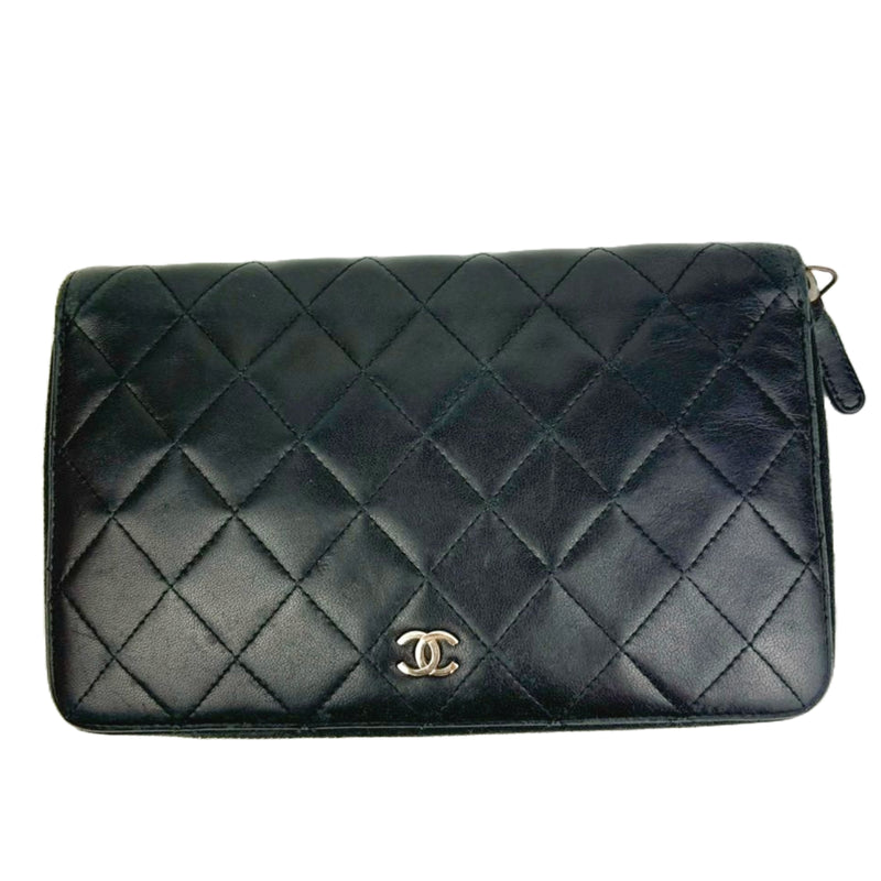 Large Zip Around Organizer Wallet in Black Quilted Lambskin