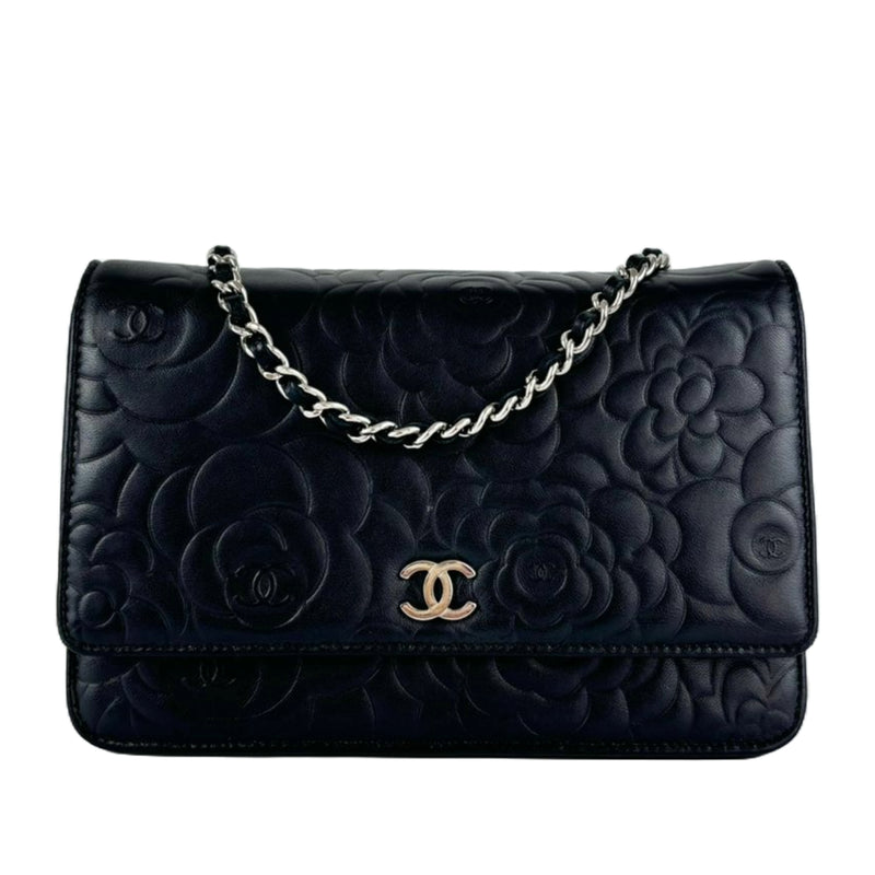 Black Camellia Embossed Lambskin Leather Wallet on Chain