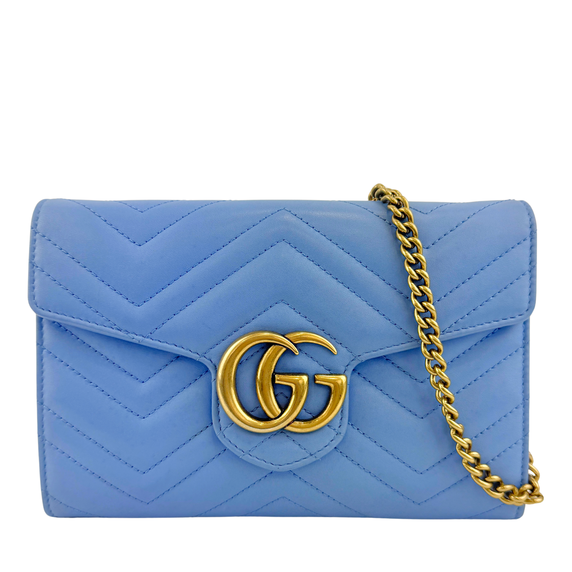GG Marmont Matelasse Leather Chain Wallet in Light Blue - Glampot