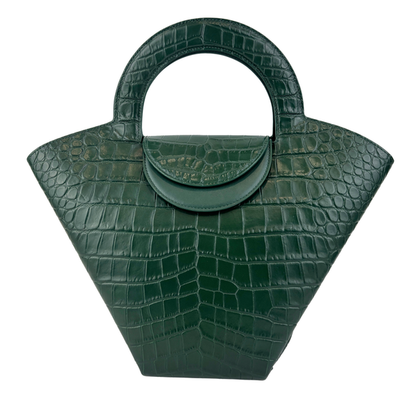 Calfskin Crocodile Embossed Doll Top Handle Bag Green - Glampot
