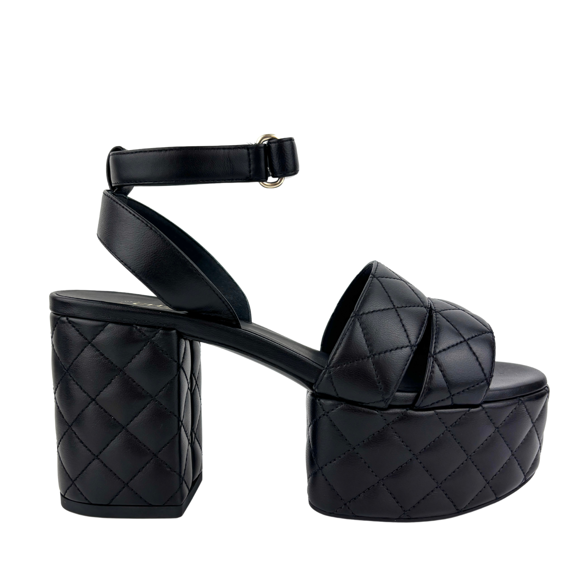 Platform Chunky Heels Black Quilted Lambskin Leather  Size 37