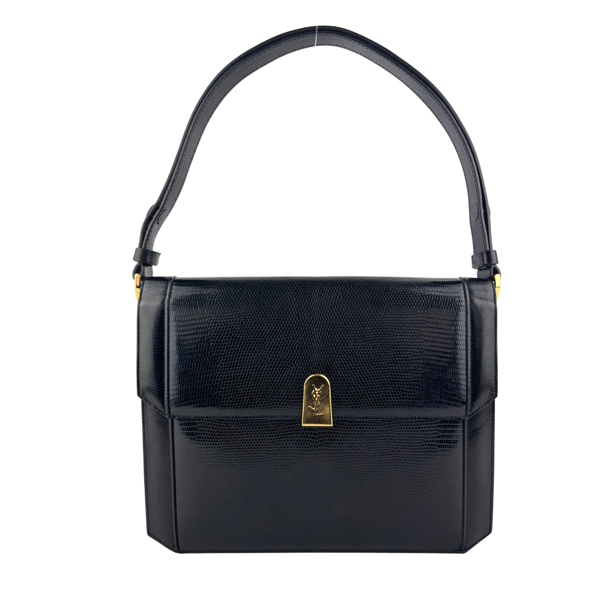 Vintage Embossed Lizard Leather Shoulder Bag in Black GHW - Glampot