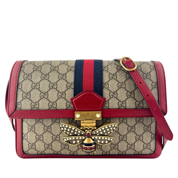 Queen Margaret Medium Shoulder Bag in Red/Beige GG Supreme Coated Canvas
