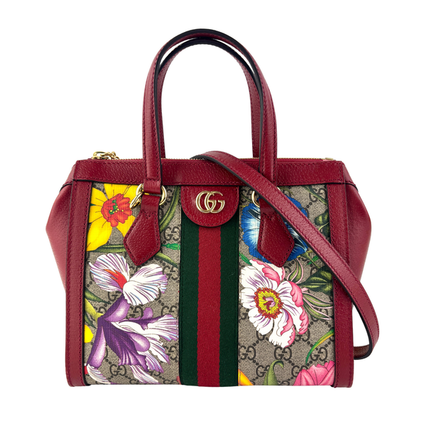 Red GG Supreme Canvas and Leather Small Ophidia Floral Tote