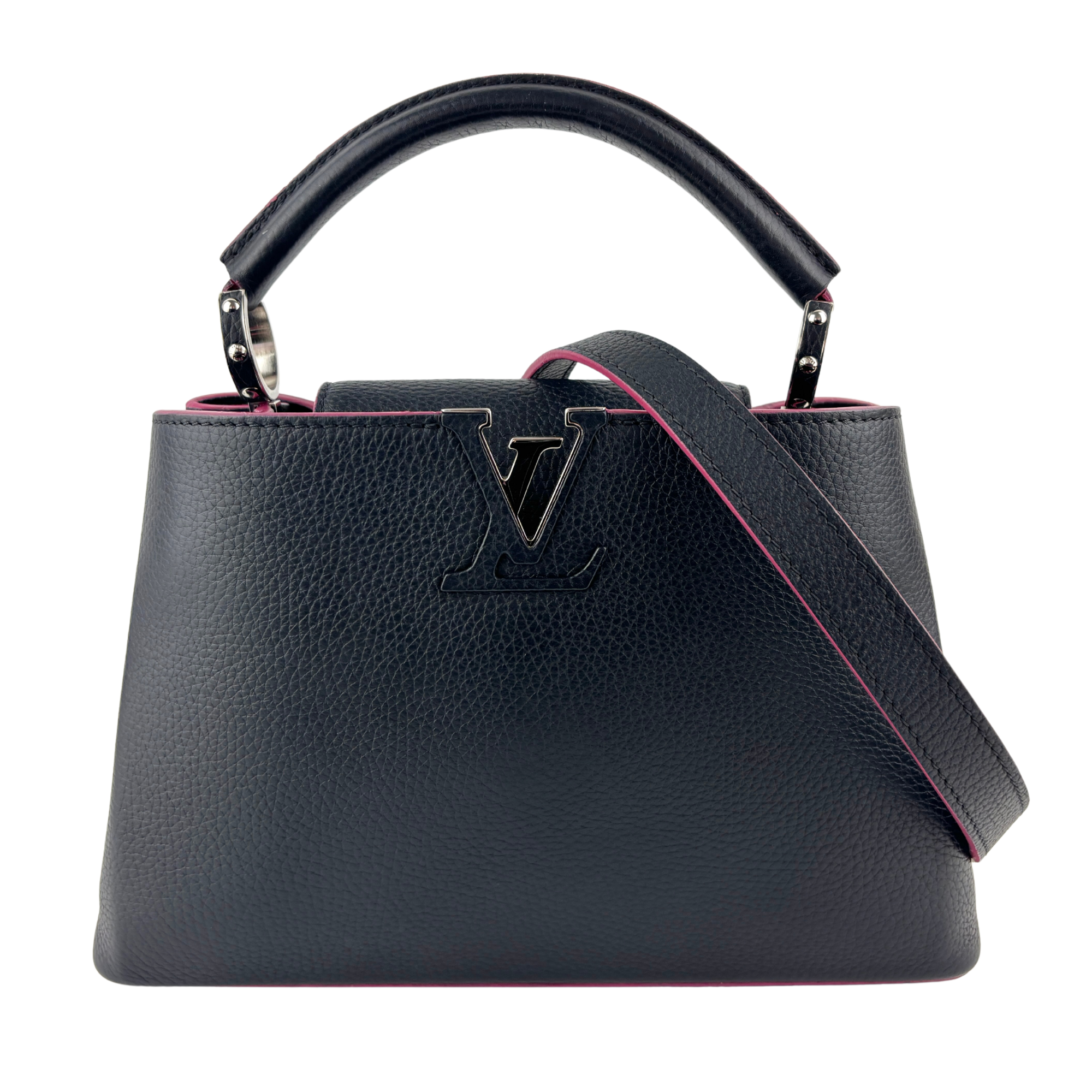 Capucines BB in Black Taurillon Leather/Fuschia SHW