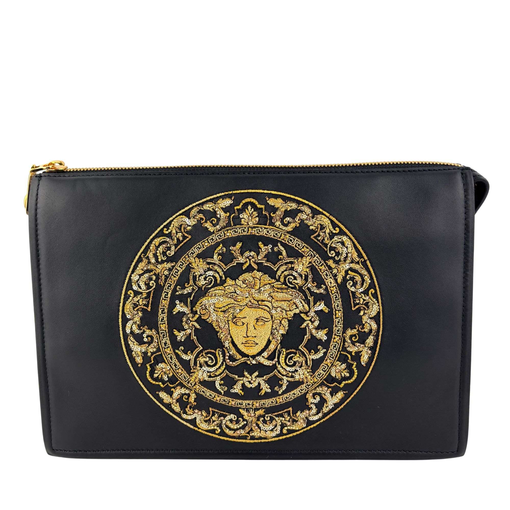 La Medusa Embroidered Leather Clutch in Black