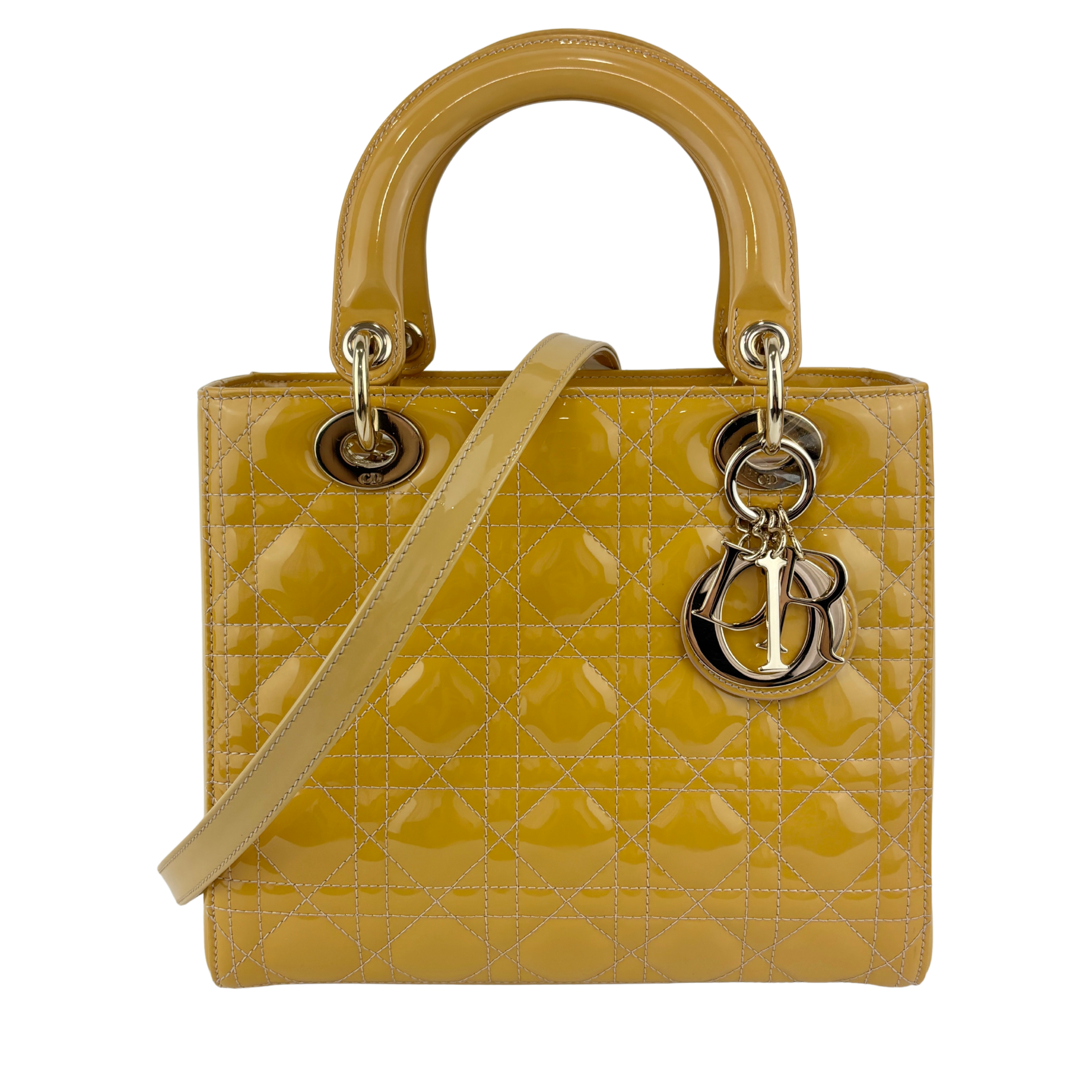 Medium Lady Dior Patent Yellow GHW - Glampot