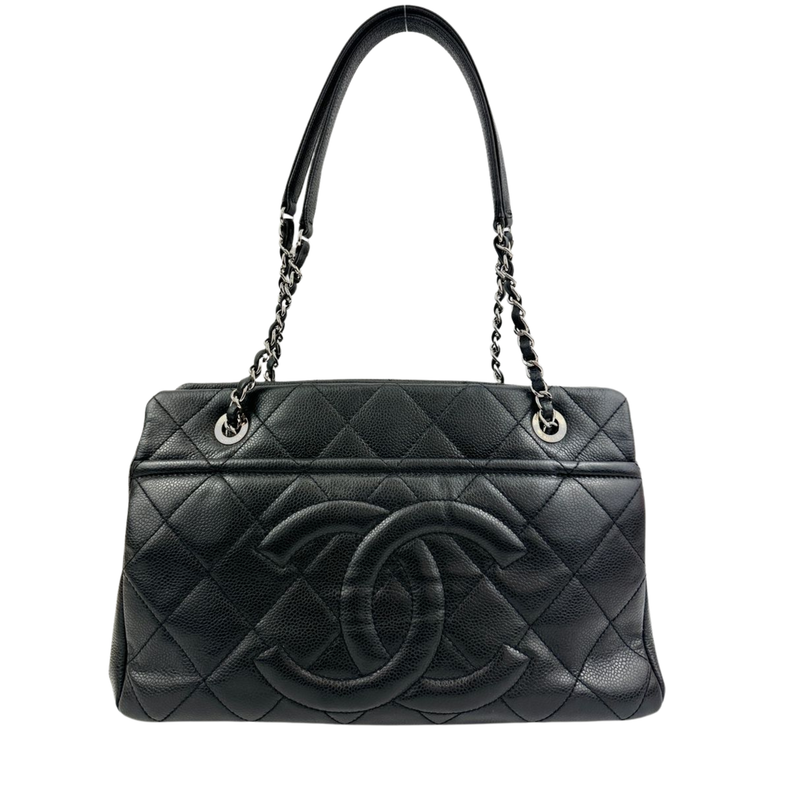 Quilted Caviar Leather Timeless CC Soft Shopping Tote in Black SHW