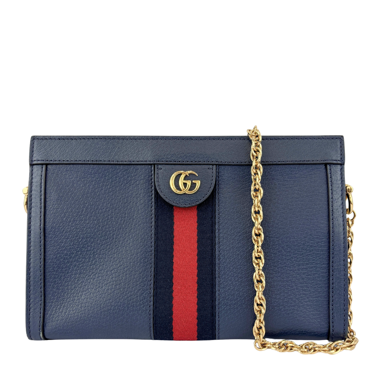 Ophidia Small Chain GG Web Shoulder Bag Navy Calfskin