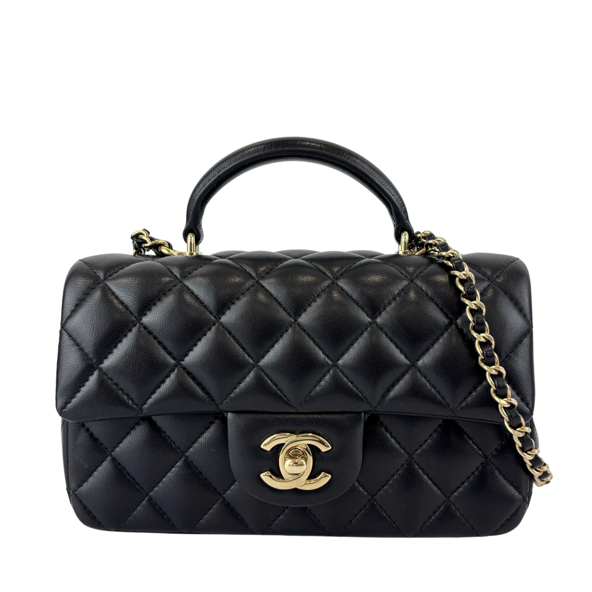 AS2431 Mini Rectangular Flap Bag with Top Handle Black Lambskin LGHW