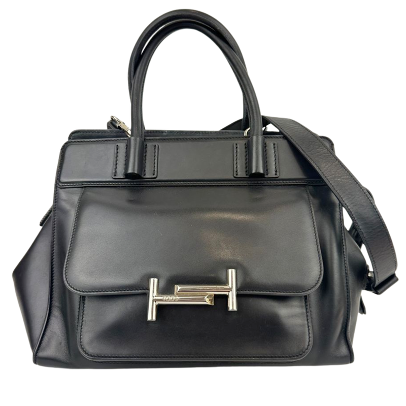 Medium Back Double T Grained Black Leather Satchel Bag