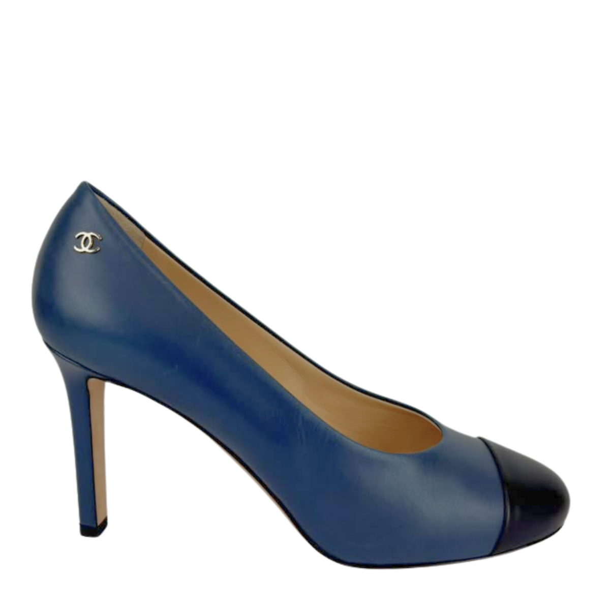 Navy Blue Leather Cap Toe Pumps Size 37.5