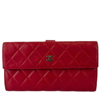 Quilted Long Flap Wallet in Red Lambskin SHW