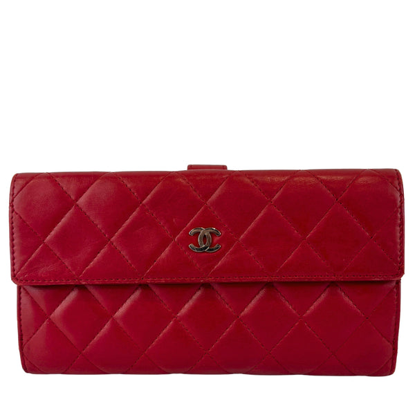Quilted Long Flap Wallet in Red Lambskin SHW