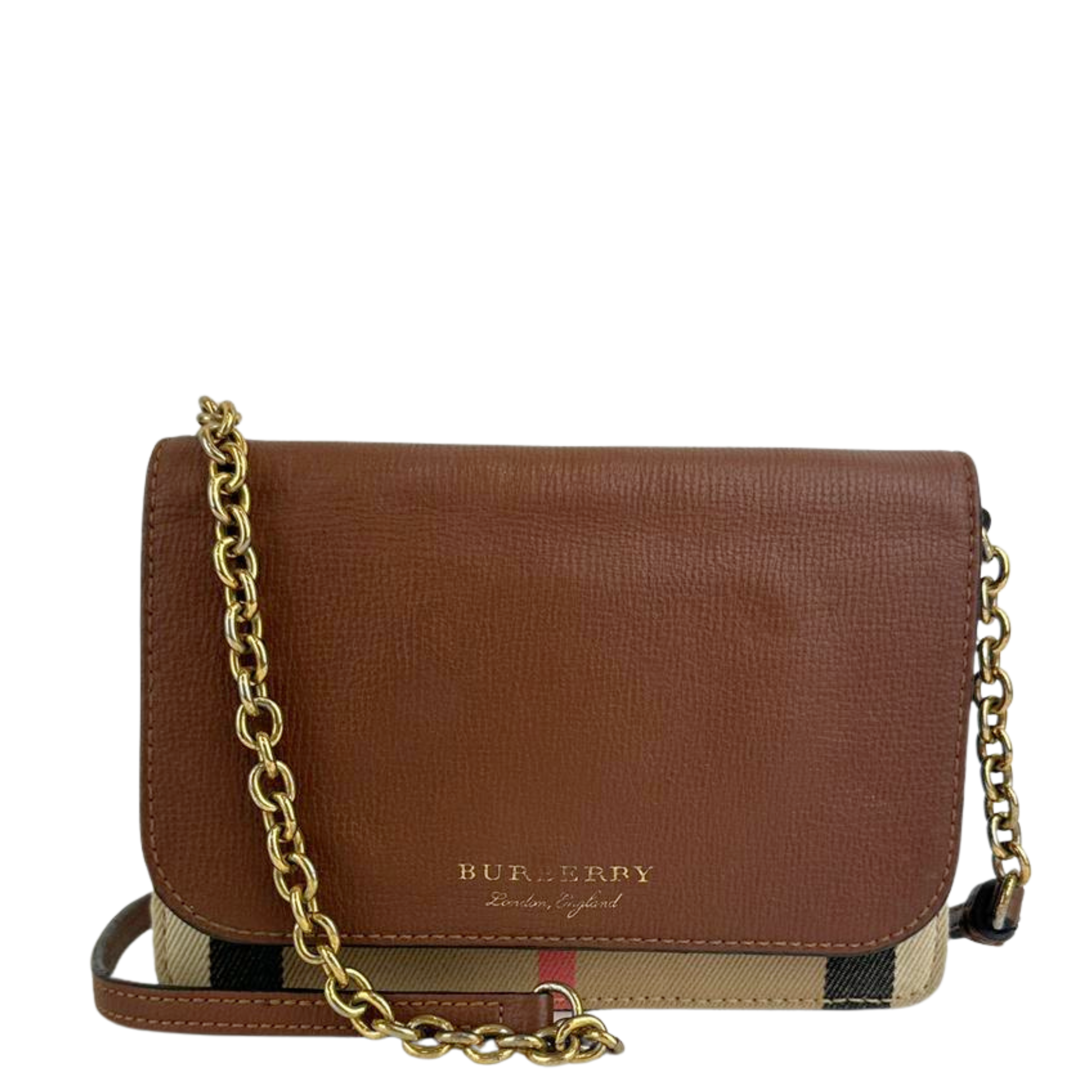 Hampshire Brown Pebbled Leather / House Check Canvas Crossbody Bag