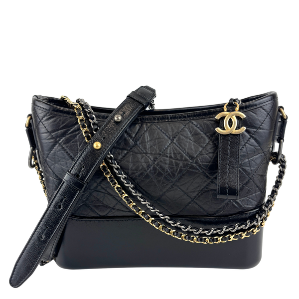 Medium Gabrielle Aged Calfskin Quilted Hobo Black