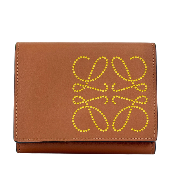 Anagram Trifold Compact Wallet in Brown Calfskin