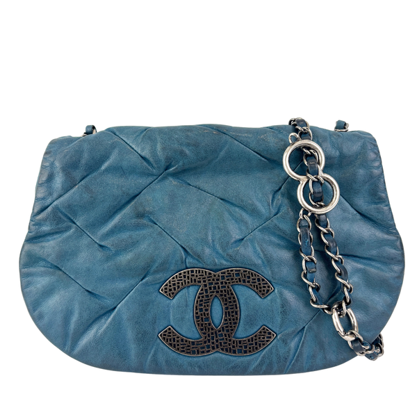A50481 Blue Iridescent Calfskin Leather Glint Crossbody Bag (2011) - Glampot