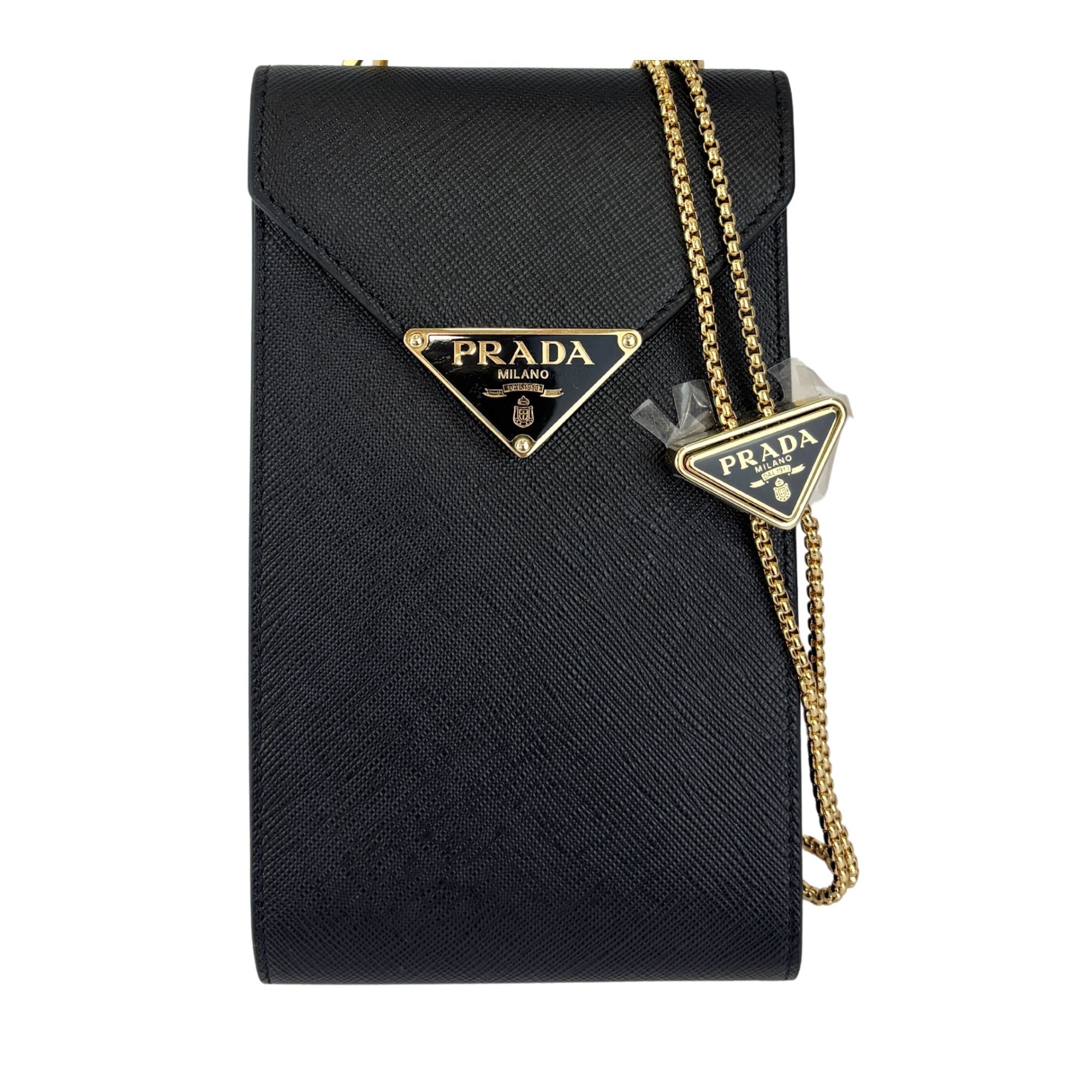 1BP050 Saffiano Lux Black Top Handle Chain Strap Mini Bag