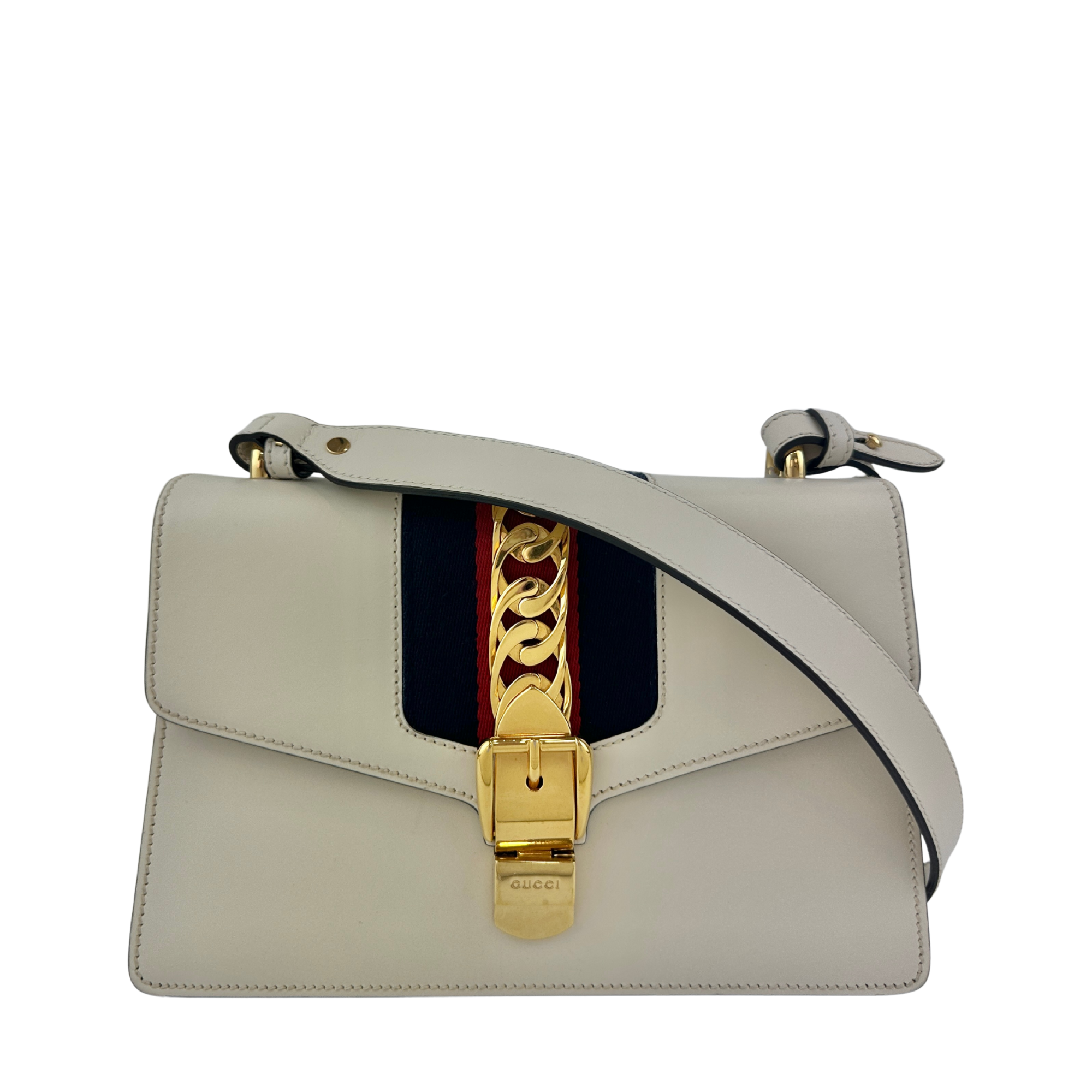 Small Web Sylvie White Smooth Calfskin Leather Shoulder Bag