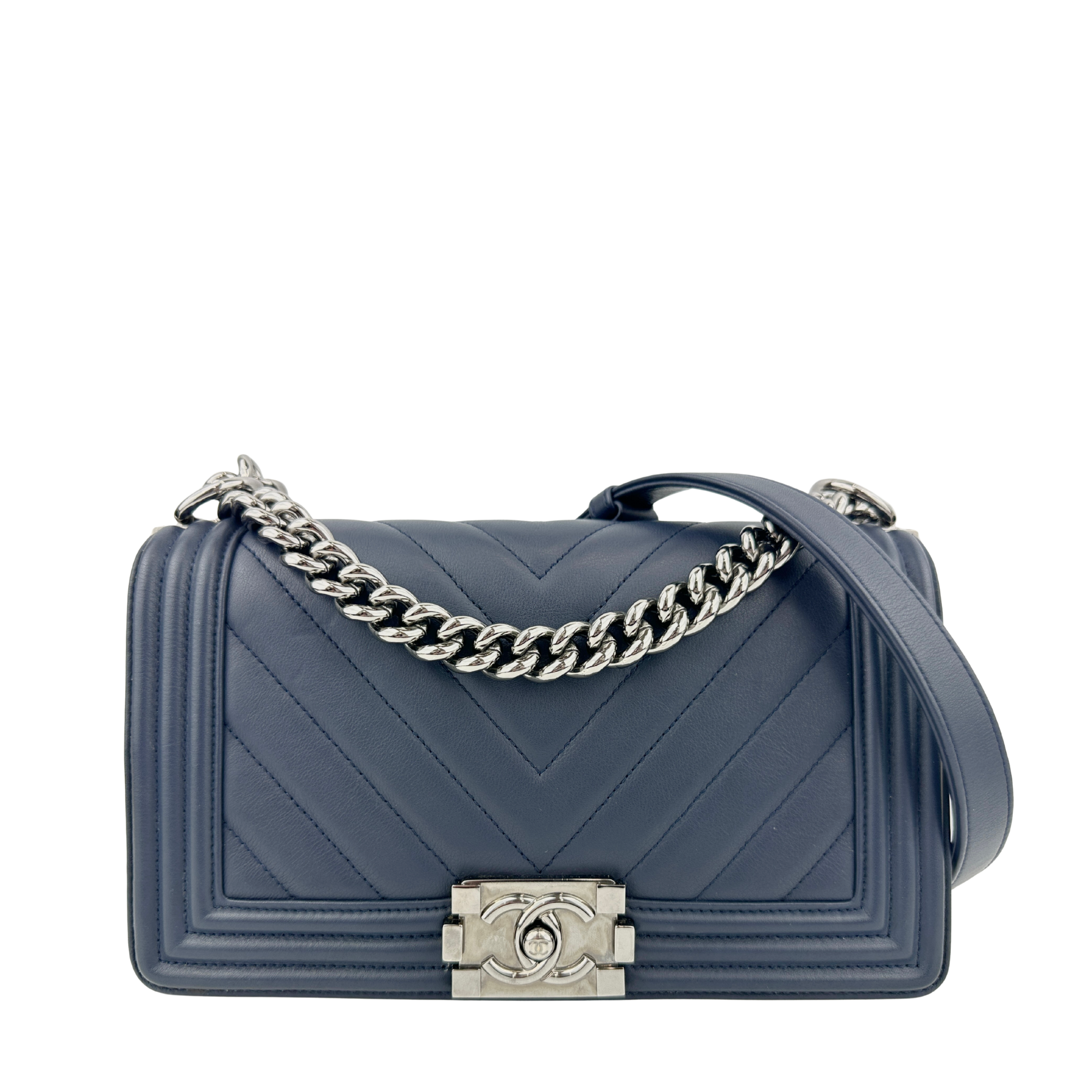 Old Medium Boy Chevron Lambskin Navy PHW