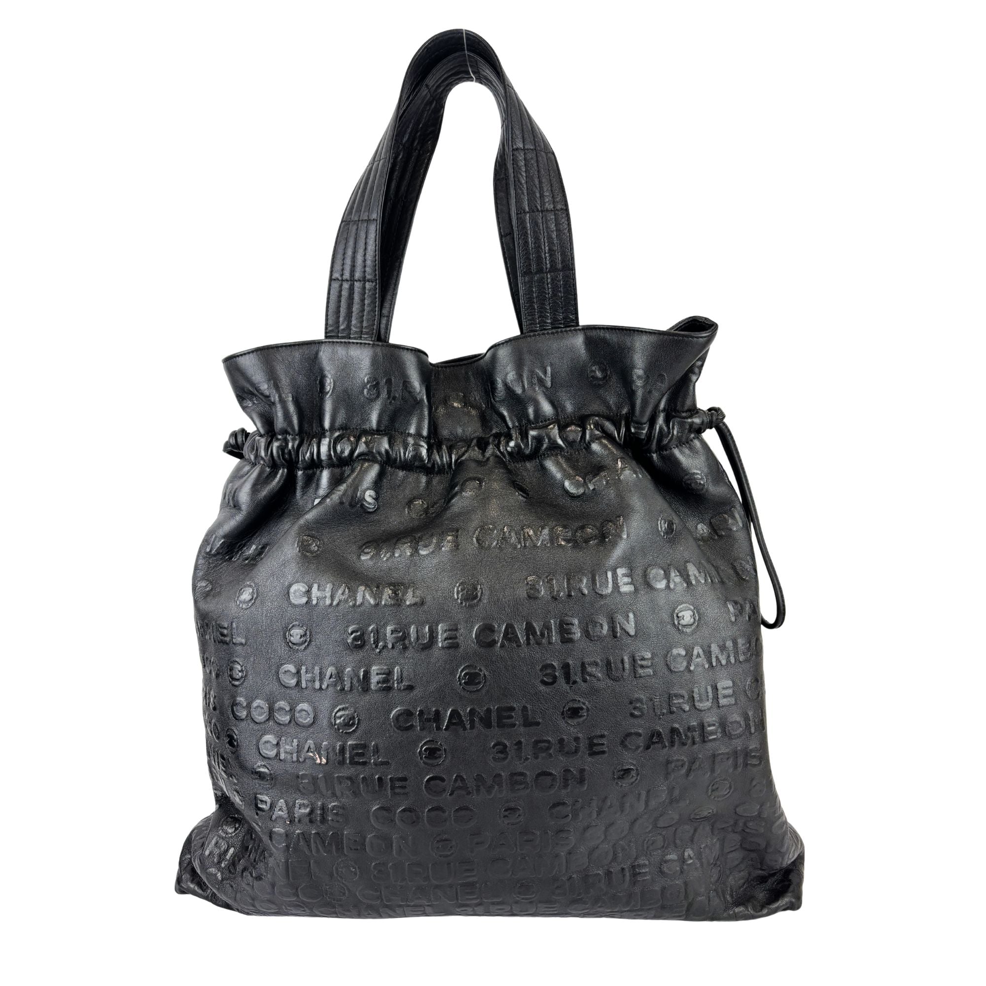 Black Embossed Calfskin Leather Unlimited Line Drawstring Tote