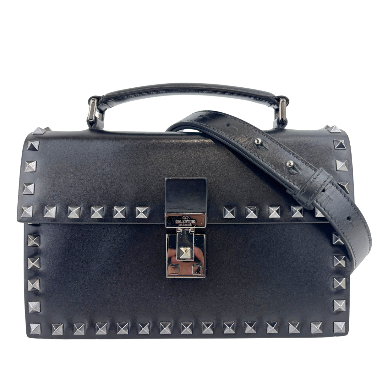 Rockstud Leather Box Bag in Black - Glampot