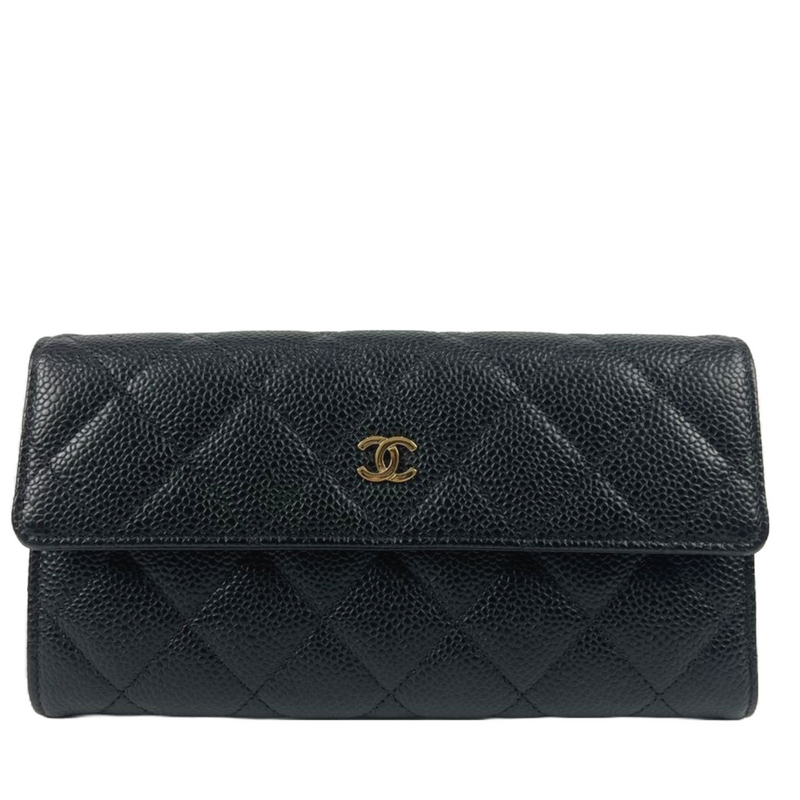 A50096 Classic Quilted Long Flap Wallet Black Caviar GHW