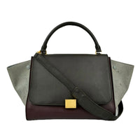 Medium Tricolor Leather and Suede Trapeze Top Handle Satchel Bag