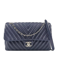 Navy Chevron Quilted Lambskin Leather Double Stitch Jumbo Single Flap Bag SHW