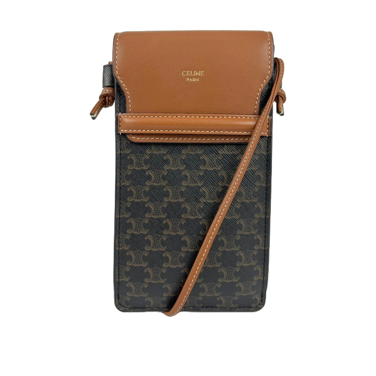 Tan Phone Pouch With Flap in Triomphe Canvas Lambskin Glampot