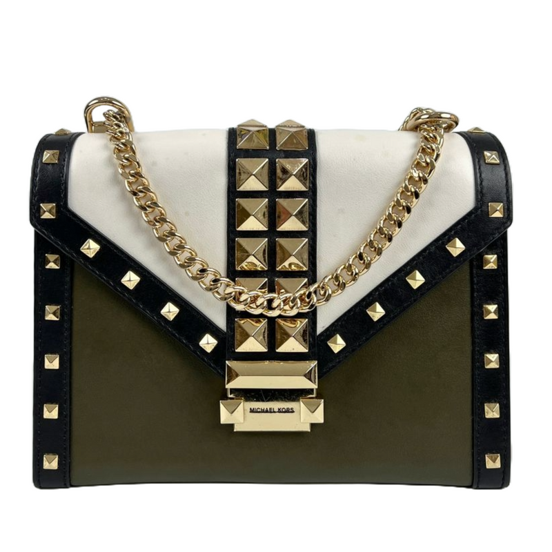 Whitney Studded Colourblock Shoulder Bag White/Olive Green/Black