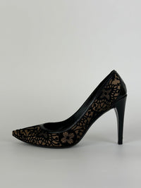 Bicolor Black Satin Embroidered Pointed Toe Heels