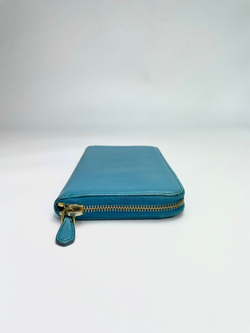 Turquoise Saffiano Leather Long Zippy Wallet