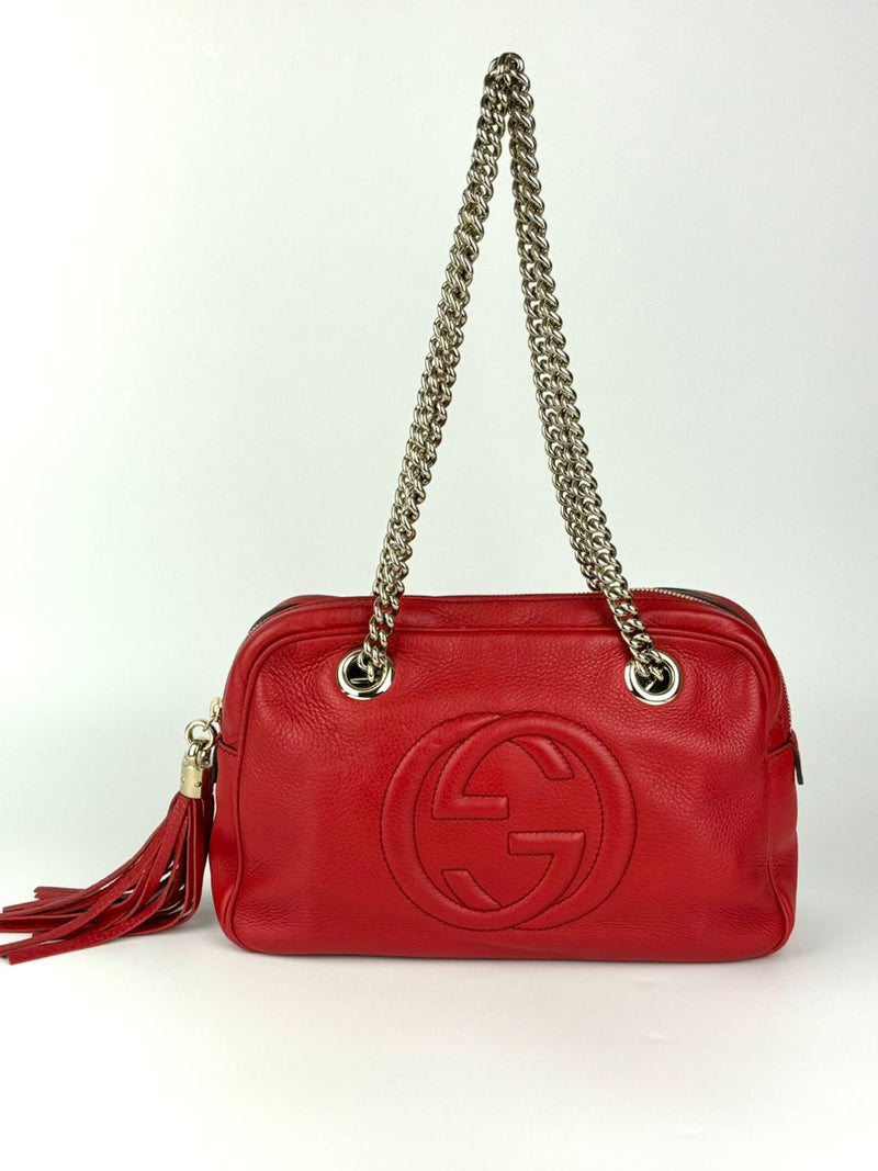 308983 Red Pebbled Leather Soho Chain Shoulder Bag