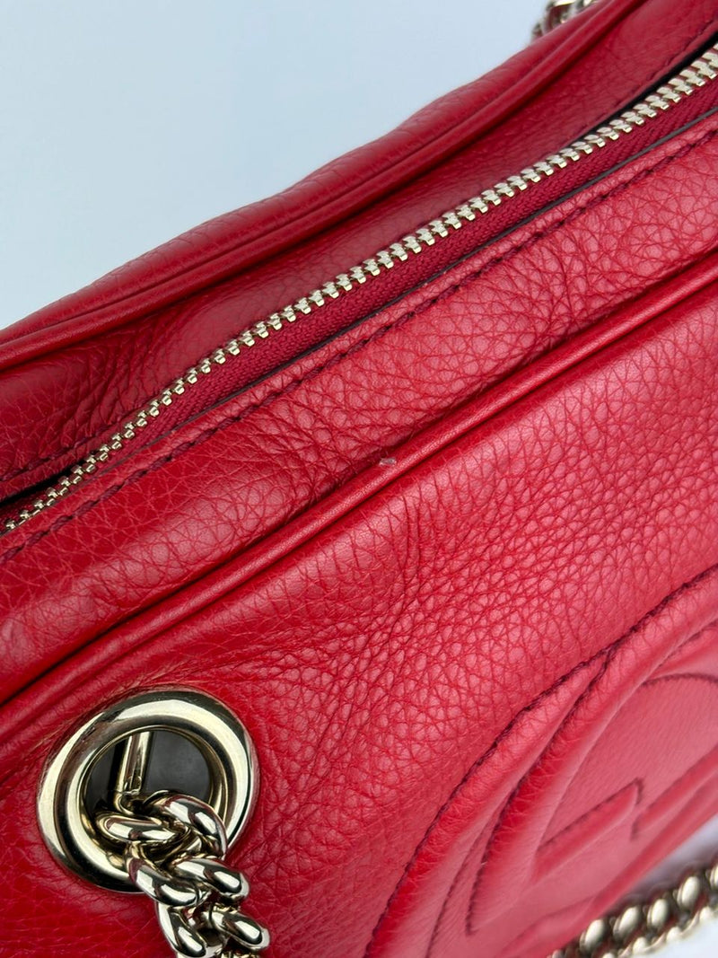 308983 Red Pebbled Leather Soho Chain Shoulder Bag