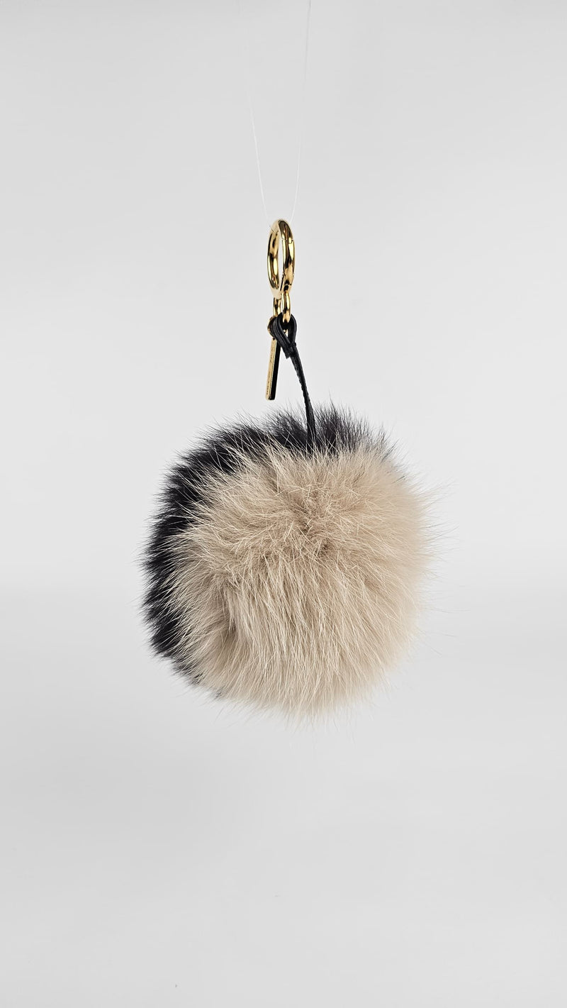 Fox Fur Pom Pom Bag Charm in Black / White