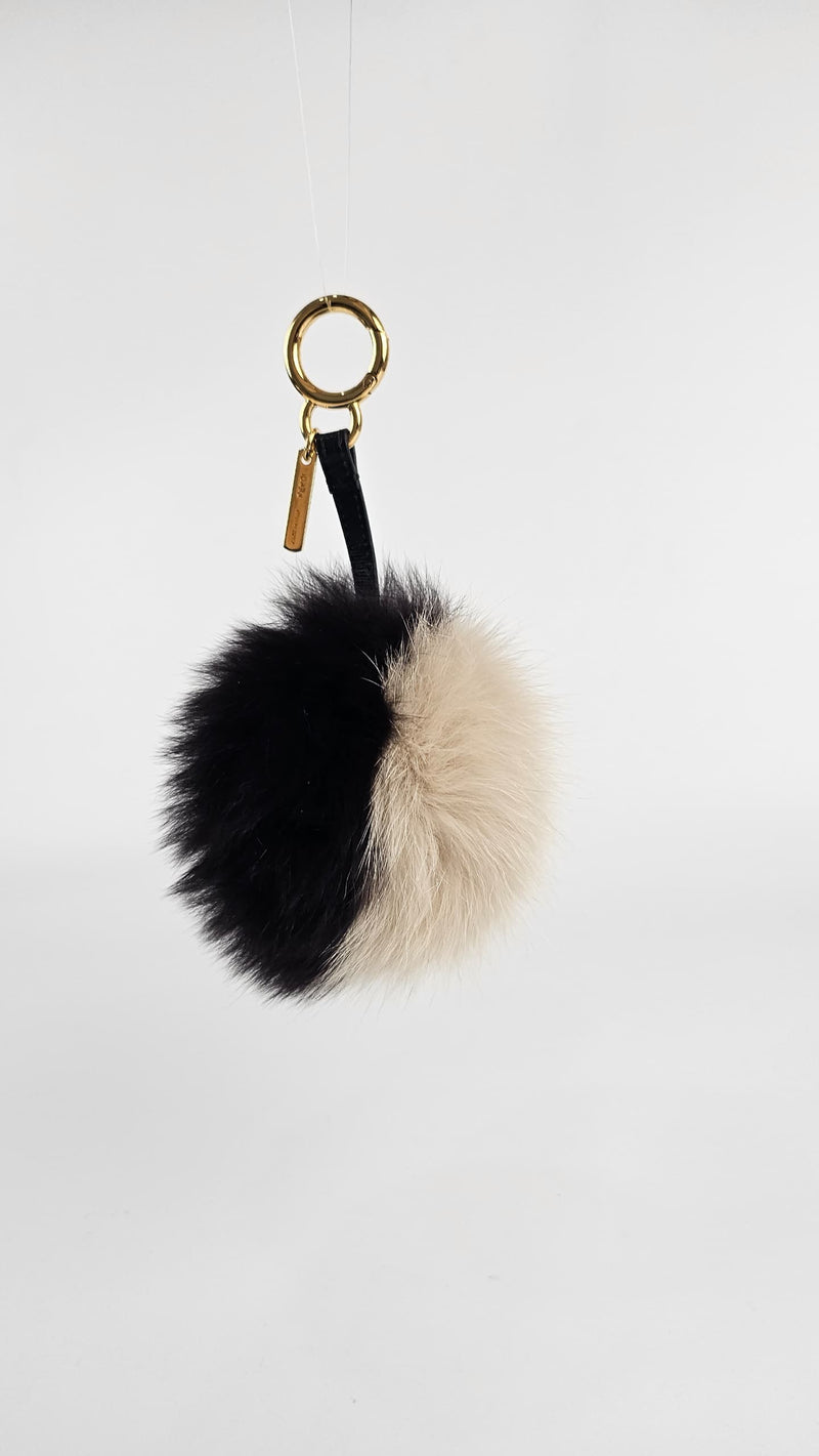 Fox Fur Pom Pom Bag Charm in Black / White