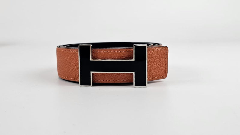 Reversible Belt in Feu Togo / Black Box Leather with Black H Buckle 32mm