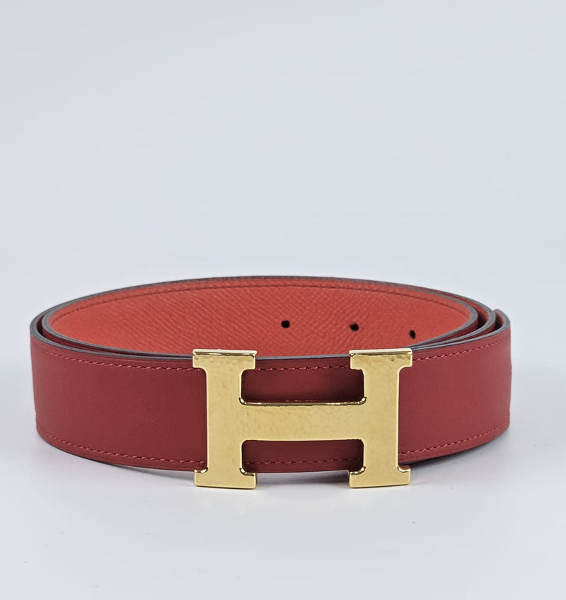 32mm Reversible Belt - Red Swift/Epsom with Martelee Gold Buckle