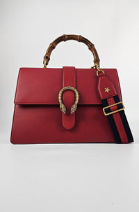 Moon Calfskin Web Large Dionysus Bamboo Top Handle Bag Hibiscus Red